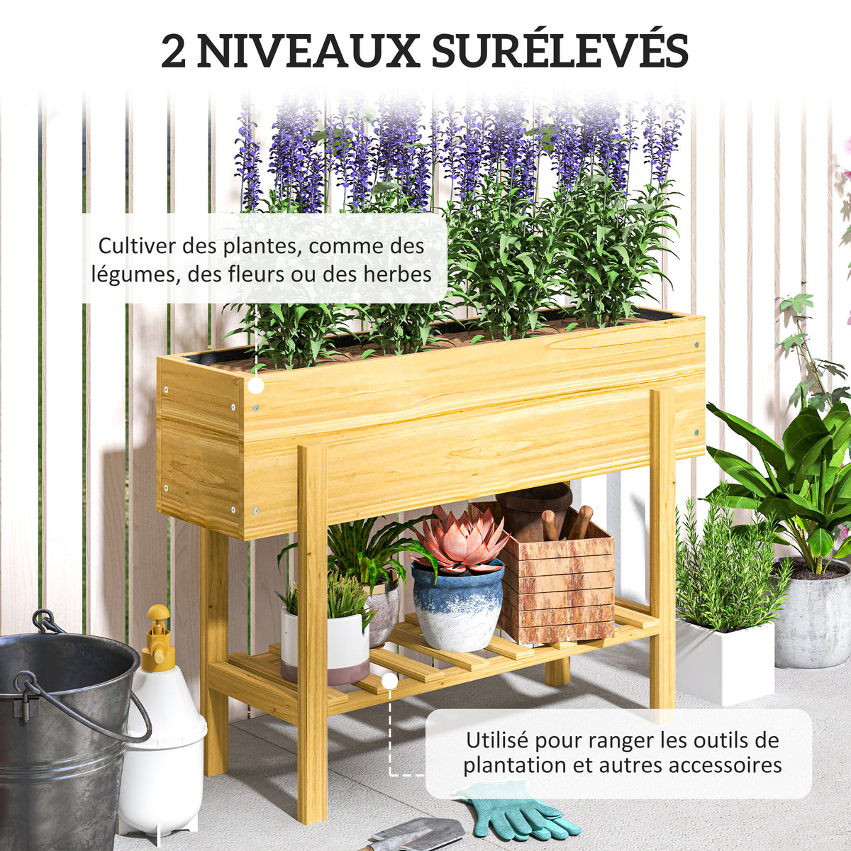 Jardinière sur pieds carré potager de jardin sur pieds avec 2 trous de drainage en bois 100 x 30 x  70,5 cm bois naturel-3