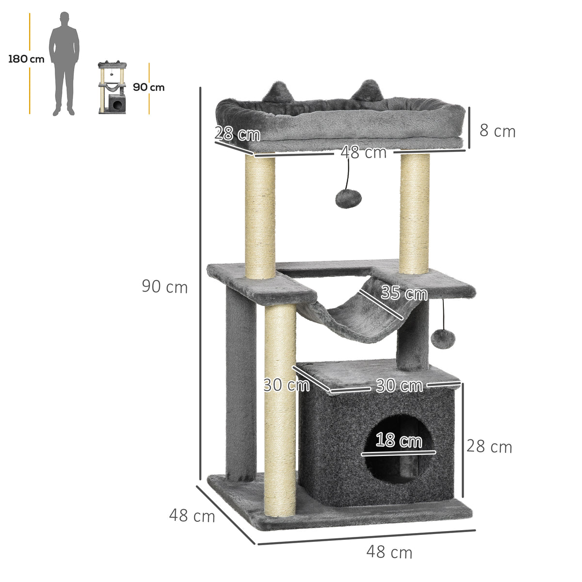 Arbre à chat avec griffoir, en tissu peluche, tour de jeux pour chat, lit, niche, hamac, plateforme 48 x 48 x 90 cm gris-2