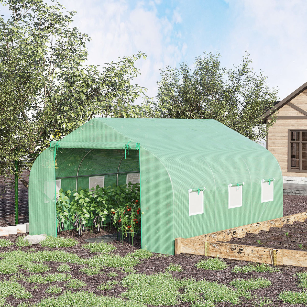 Serre Tunnel de Jardin 10,5 m² dim. 3,5L x 3l x 2H m Porte + 6 fenêtres enroulables Acier galvanisé bâche PE Haute densité Vert-9