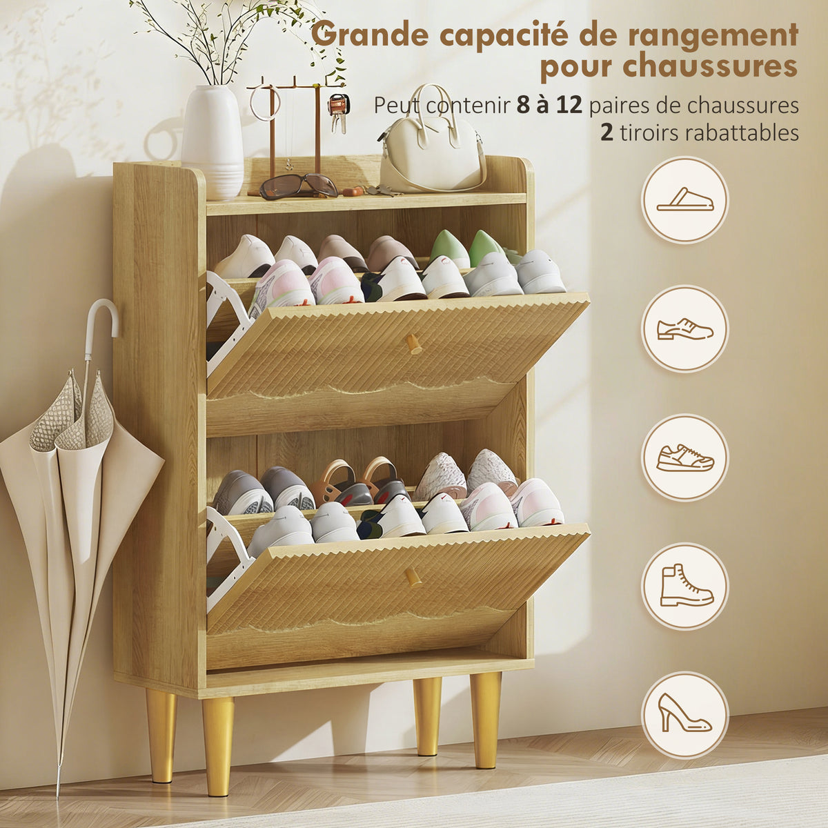 Meuble à chaussures 12 paires, armoire à chaussures étroite, 2 tiroirs rabattables étagères réglables, 60x24x92cm, chêne-4