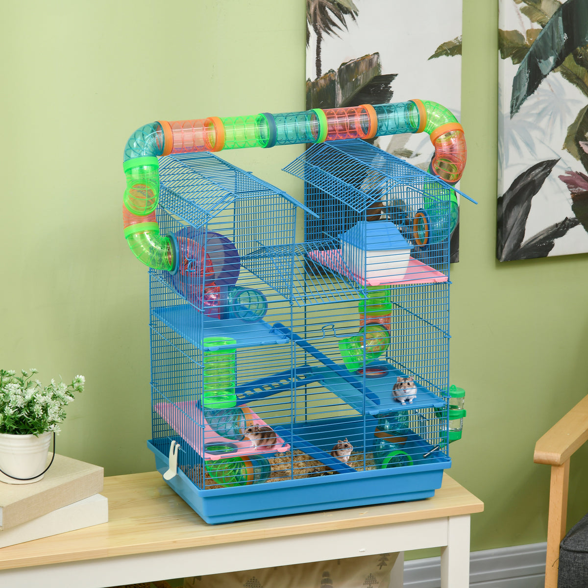 Cage pour Hamster Souris Petit Animaux Rongeur avec Tunnel Mangeoire Roue Jouet 47 x 30 x 59 cm Bleu-1