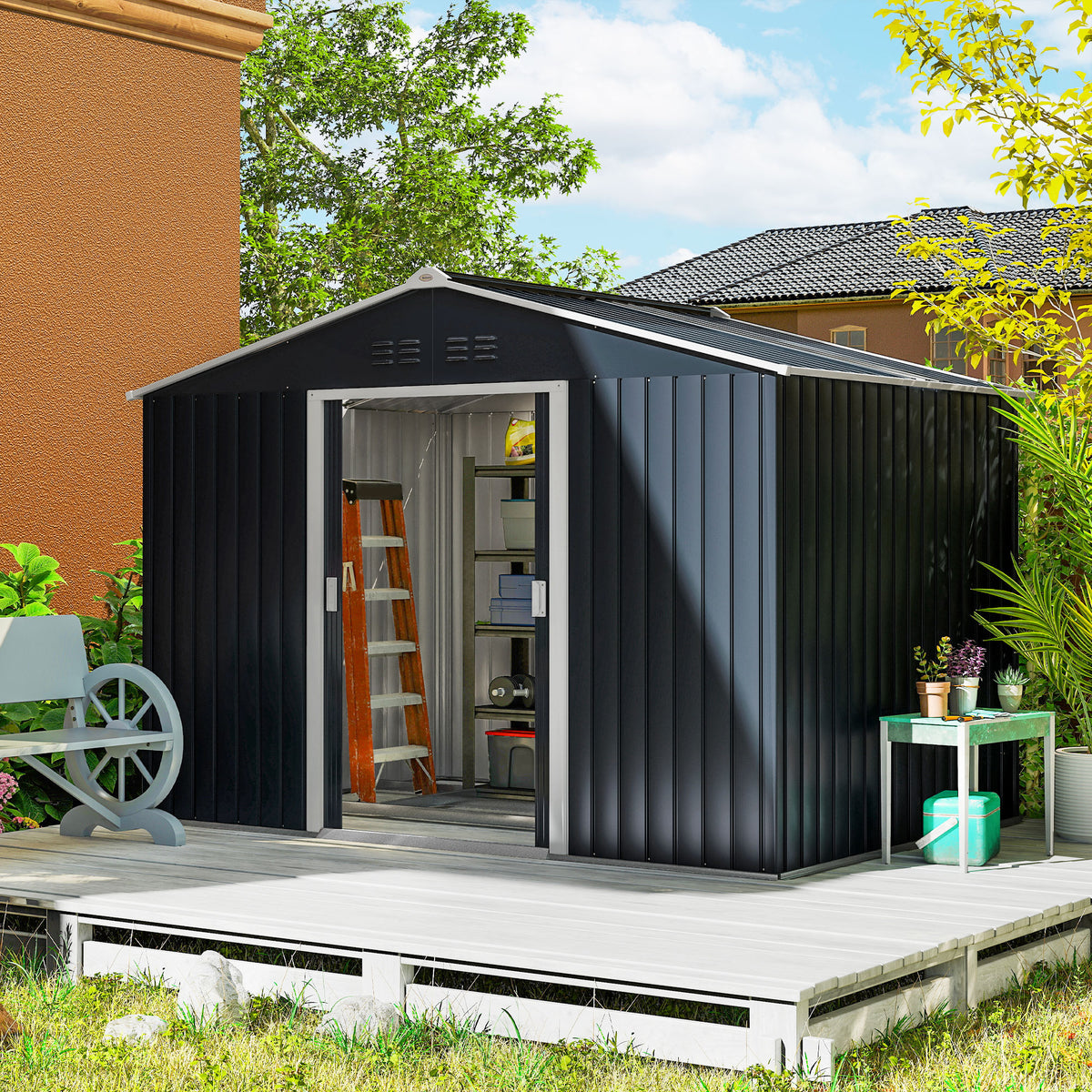 Abri de jardin 5,4 m² 2,77 x 1,95 x 1,92 m kit de fondation incluse porte coulissante ventilations tôle acier gris foncé-1
