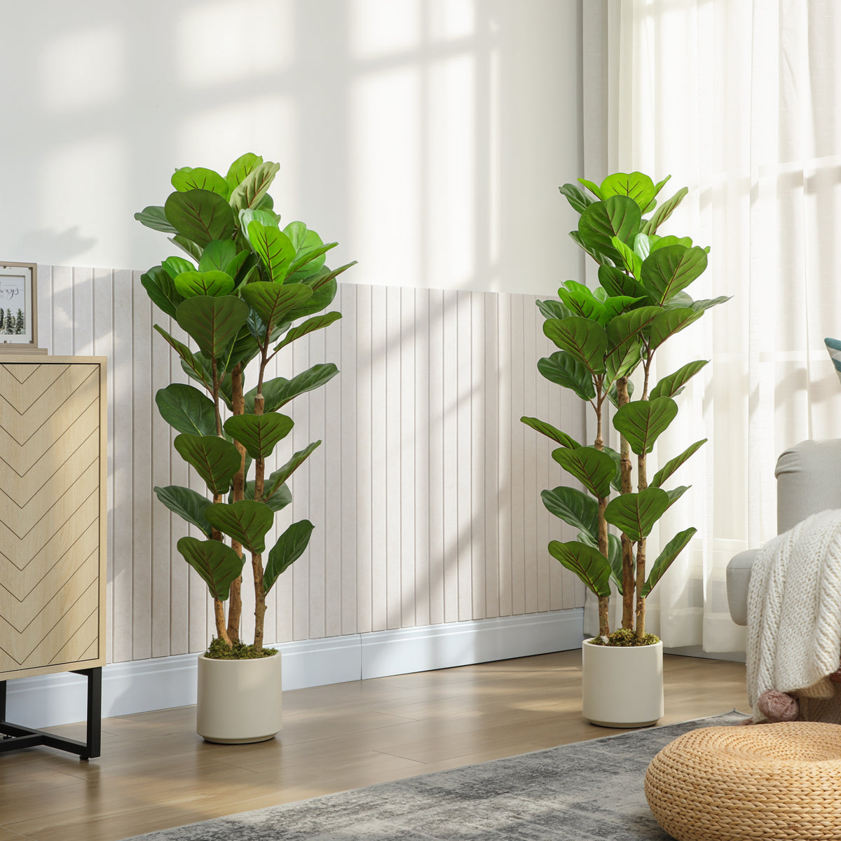 Lot de 2 plantes artificielles 120 cm Figuier lyre arbre artificiel avec pot en plastique et tronc en bois massif, vert-8