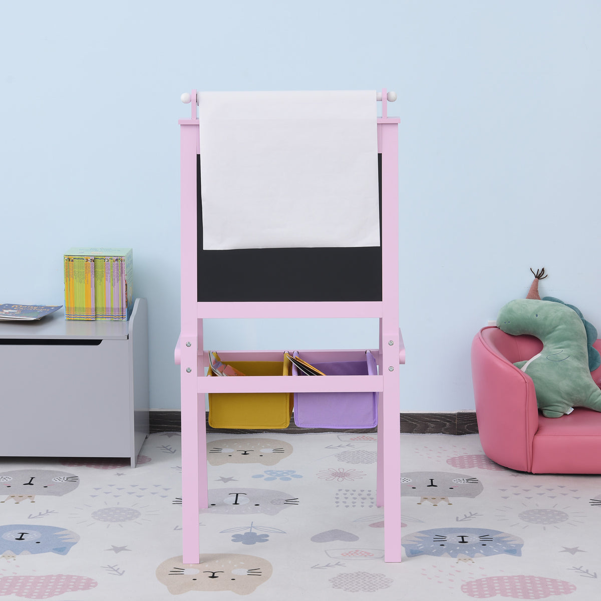 3 en 1 Tableau Enfant - chevalet Enfant - Ardoise Double Face - Tableau Blanc Tableau à Craie - Rouleau Papier avec accessoires + paniers Rangement intégrés - MDF Rose-9