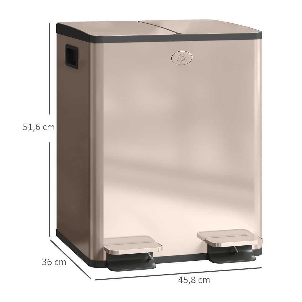 Poubelle de cuisine 2 compartiments de 2 x 20L, acier inoxydable, couvercle à fermeture douce, 45,8x36x51,6cm, or-2