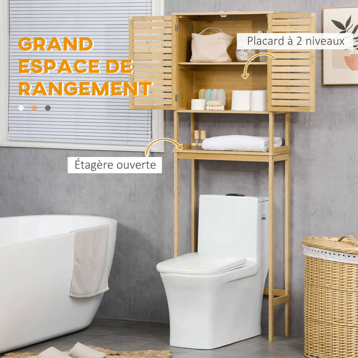 Étagère de toilettes meuble de salle de bain dessus toilette WC avec placard 2 portes et étagère ouverte 60 x 23 x 173 cm bambou-3