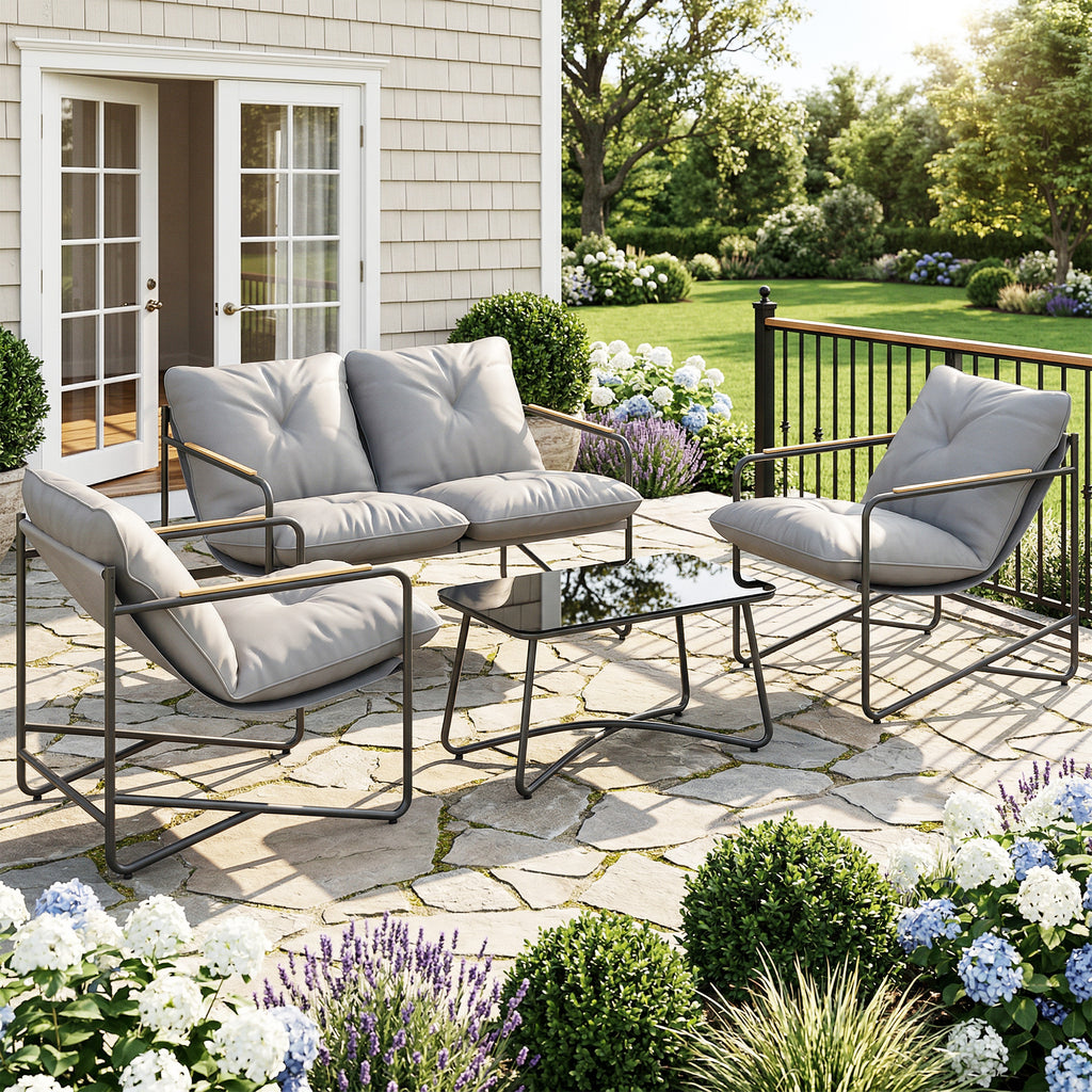 Salon de Jardin 4 Pièces Ensemble avec Canapé 2 Places, 2 Fauteuils et Table Basse Verre Trempé Coussins 13cm Gris Clair-1