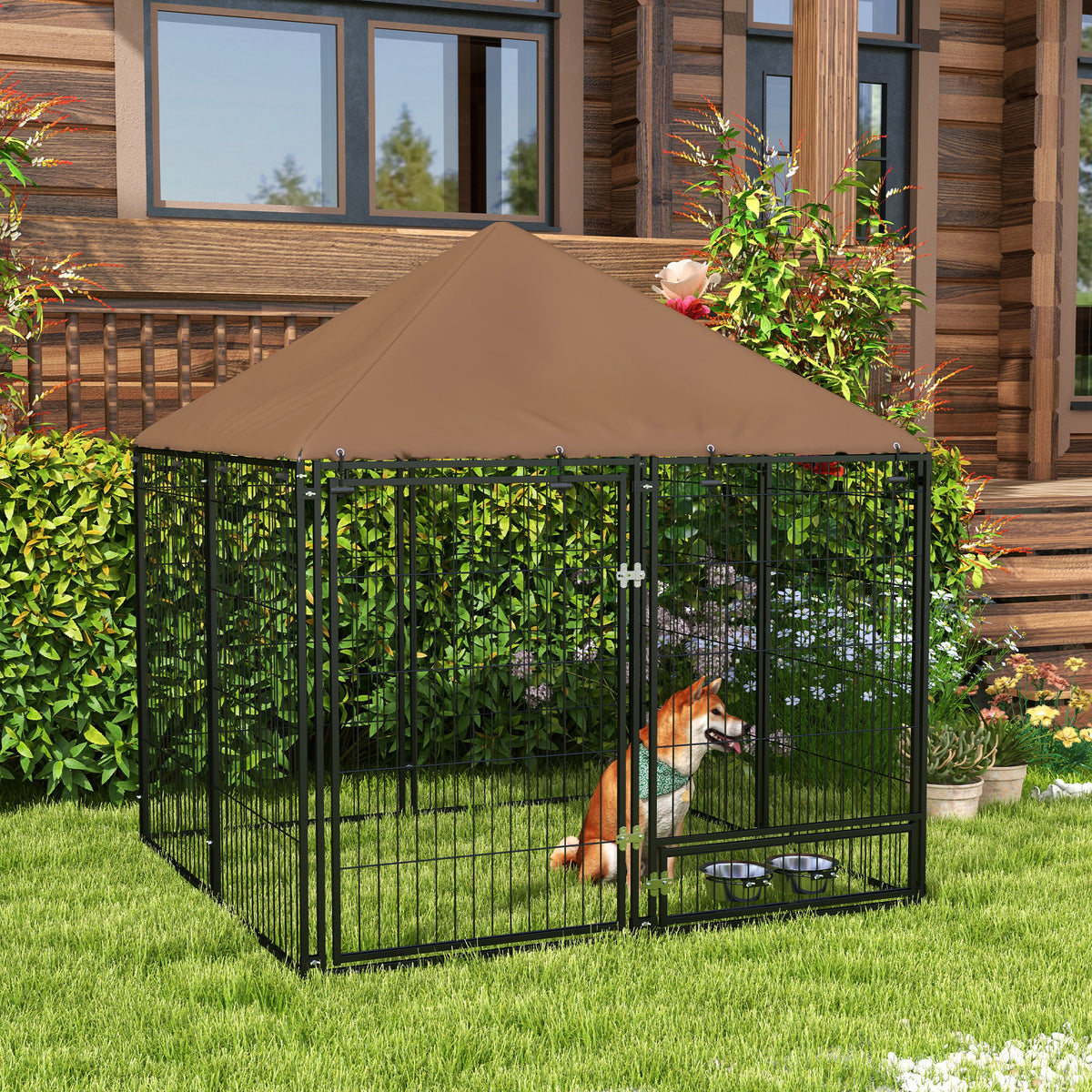 Chenil extérieur pour Chiens en métal et Tissu Oxford Support gamelle et Toit résistant aux intempéries Espace spacieux-1