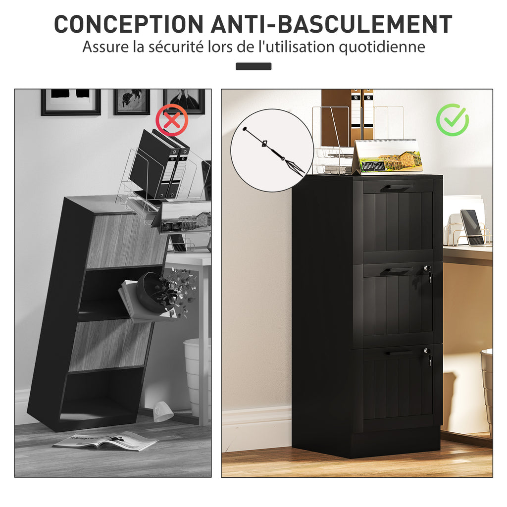 Caisson bureau, meuble rangement bois 3 tiroirs et serrure, barres de suspension réglables, 40 x 40 x 101 cm, noir-6