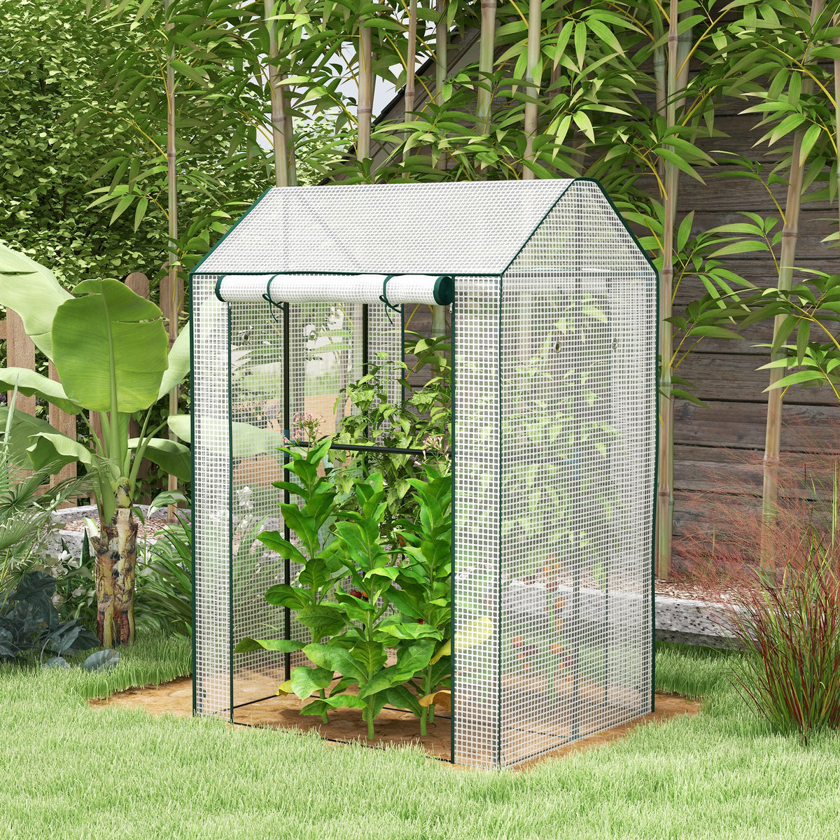Serre de jardin avec 2 espaces et 2 portes enroulables - 0,8 m² Serre à tomates dim. 1L x 0,8l x 1,5H m, Acier et PE-9