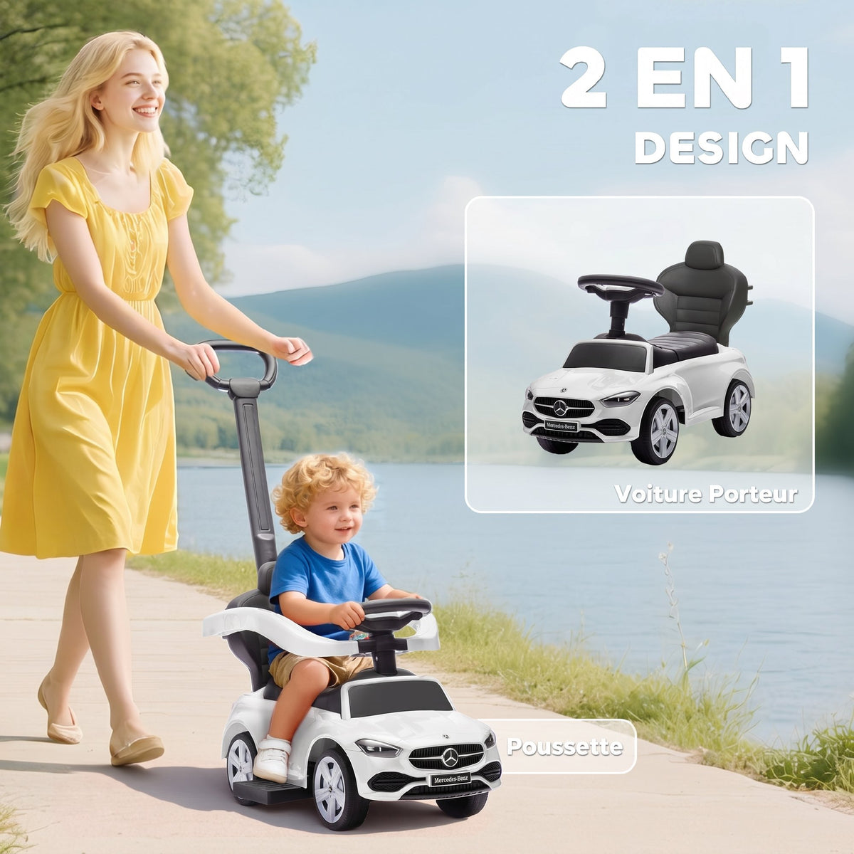 Porteur Enfants Mercedes-Benz sous Licence, Porteur Voiture à Pousser avec Poignée Amovible, 91 x 40 x 83 cm, Blanc-3