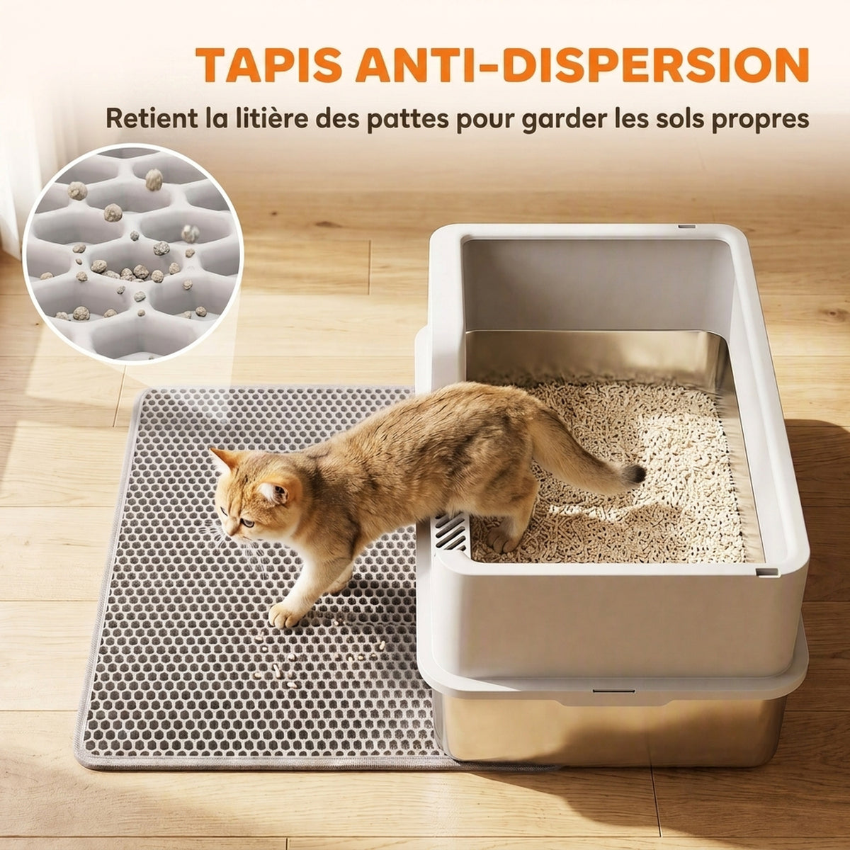 Bac Litière pour Chat en INOX Couvercle Bords Hauts Pelle et Tapis Anti-Adhérent Anti-Odeurs 60x40x30cm Gris Clair-6