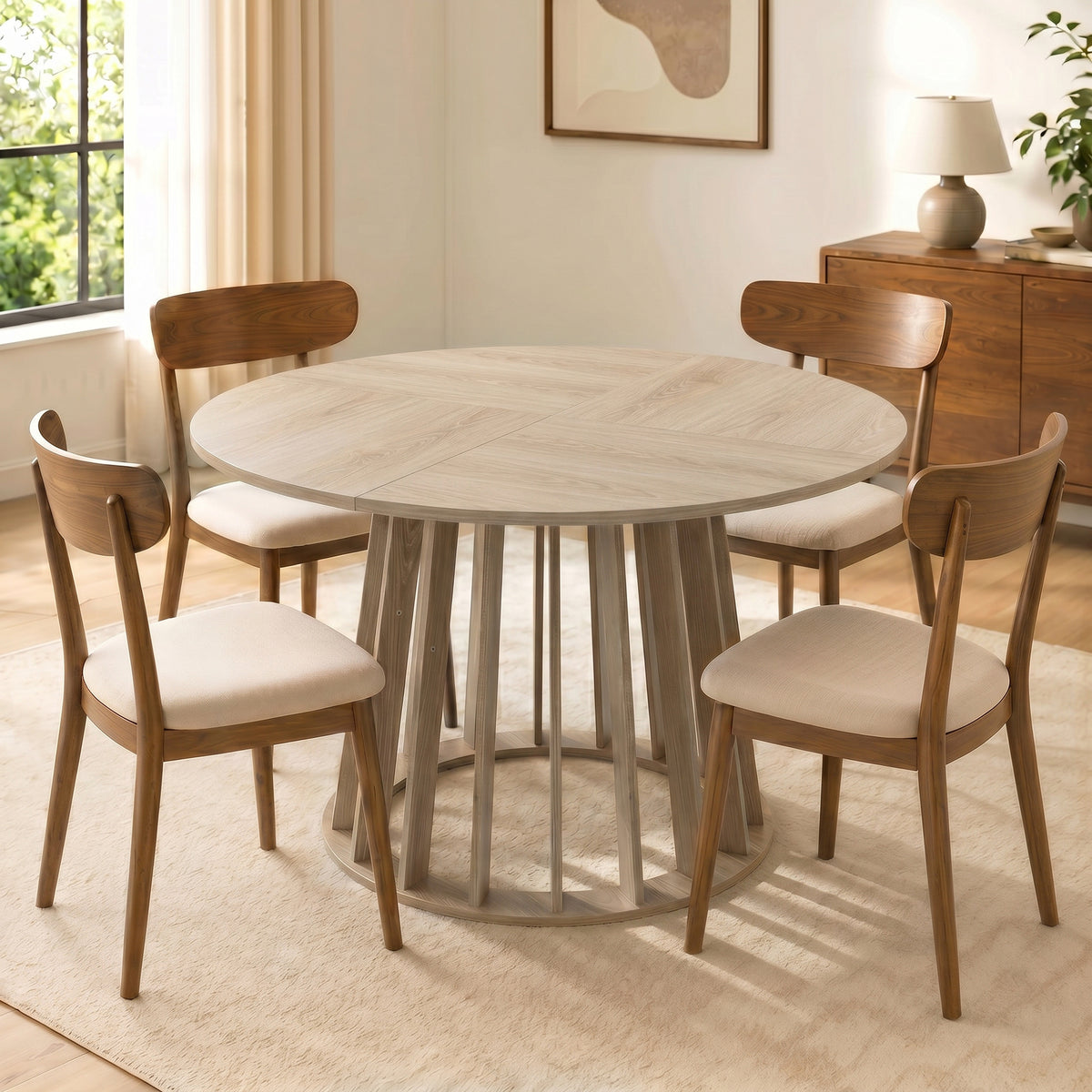 Table à Manger Ronde pour 4 à 6 Personnes, Ø 120 x 75 cm, Table de Cuisine avec Piétement à Lattes Robuste, Bois Naturel-1