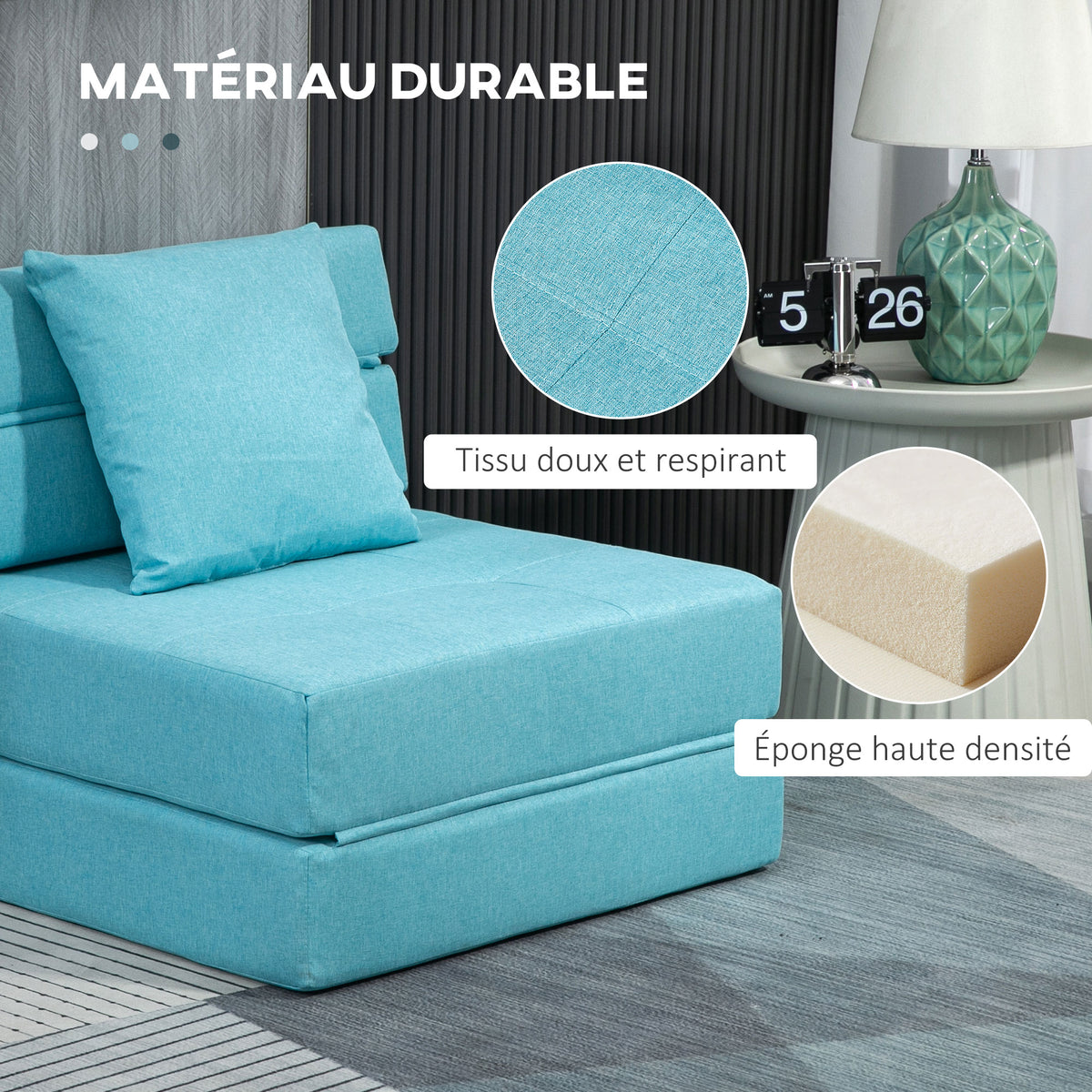 Chauffeuse canapé-lit convertible fauteuil 1 place avec 1 coussin déhoussable, tissu bleu-4