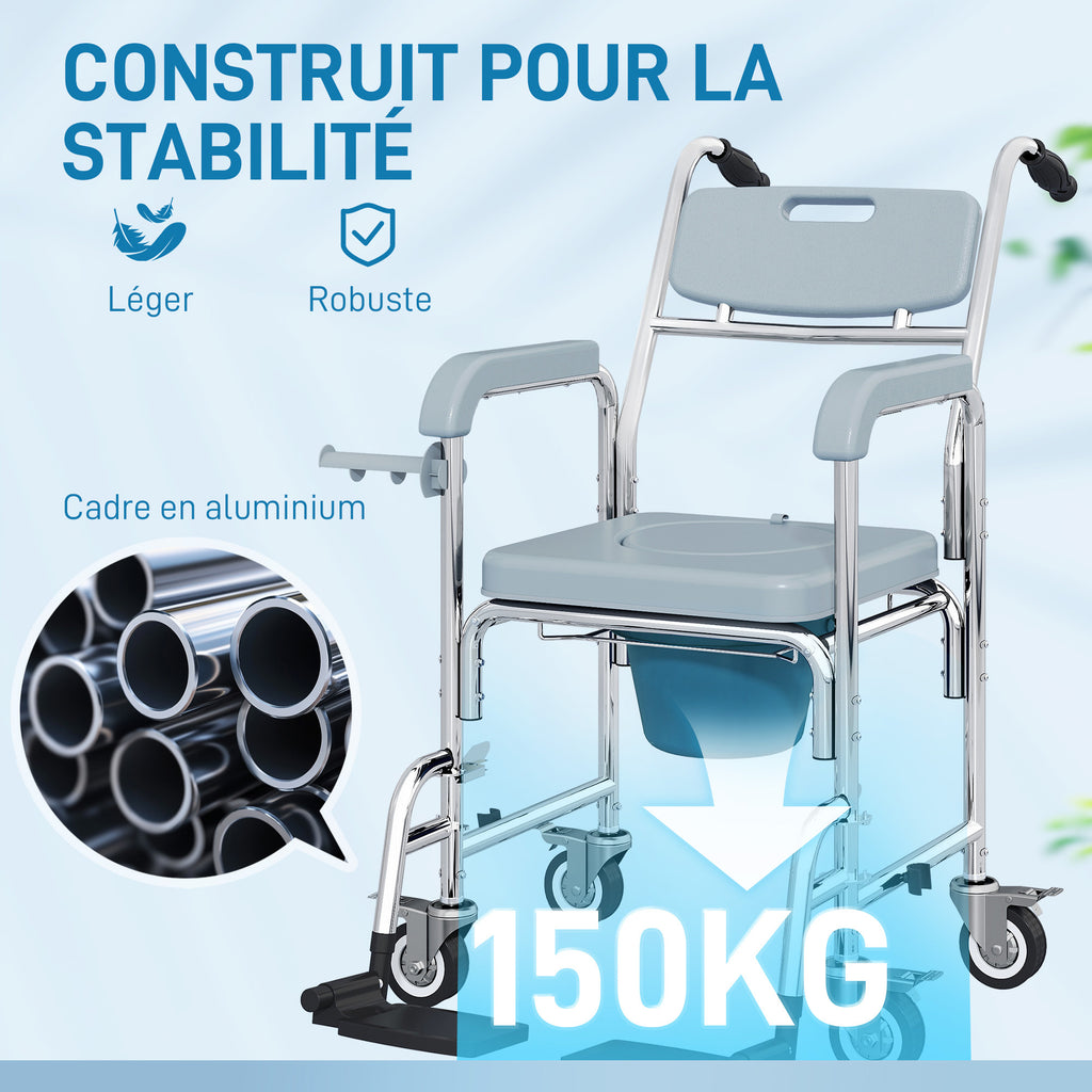 Chaise percée adulte à roulettes, chaise percée de douche avec repose-pieds, dossier et accoudoirs, 53x97x97cm, gris-5