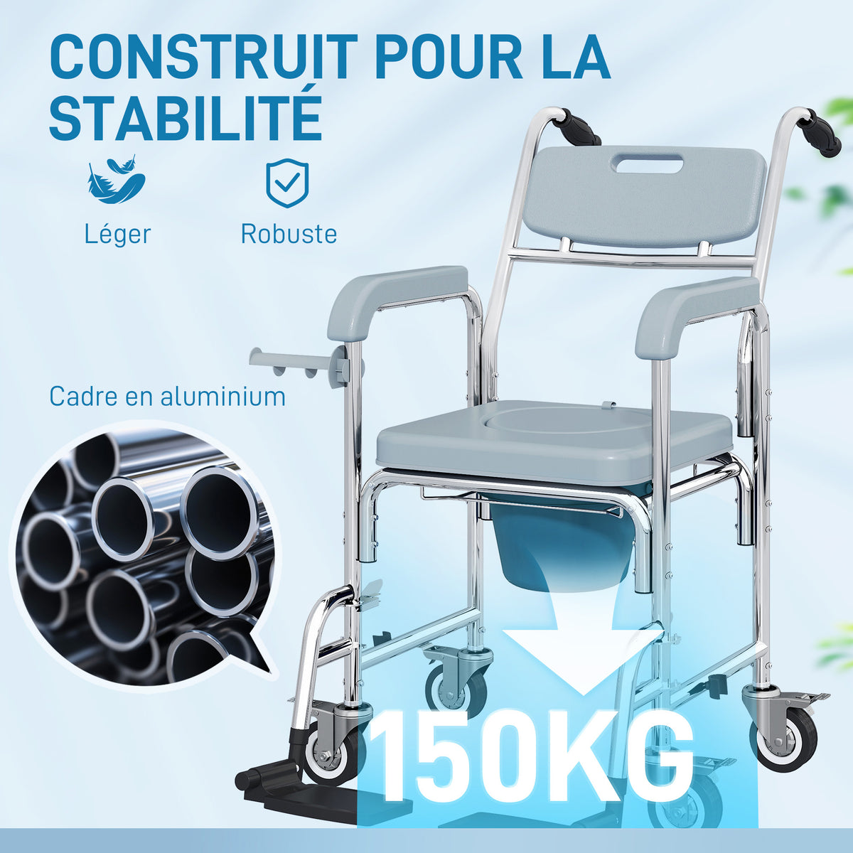 Chaise percée adulte à roulettes, chaise percée de douche avec repose-pieds, dossier et accoudoirs, 53x97x97cm, gris-5