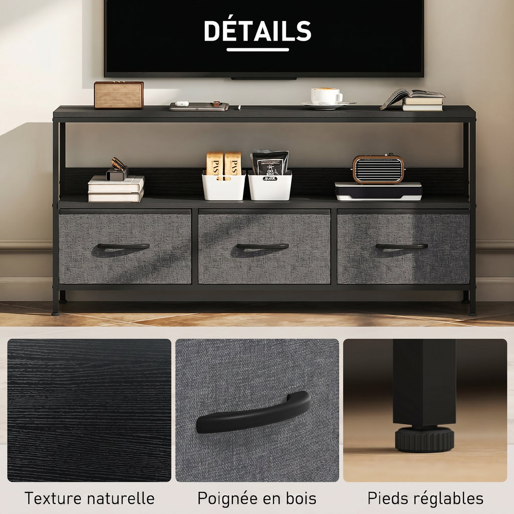 Meuble TV, meuble télé pour téléviseur jusqu'à 55 pouces avec 3 tiroirs et pieds en acier 120 x 29 x 56 cm noir-5