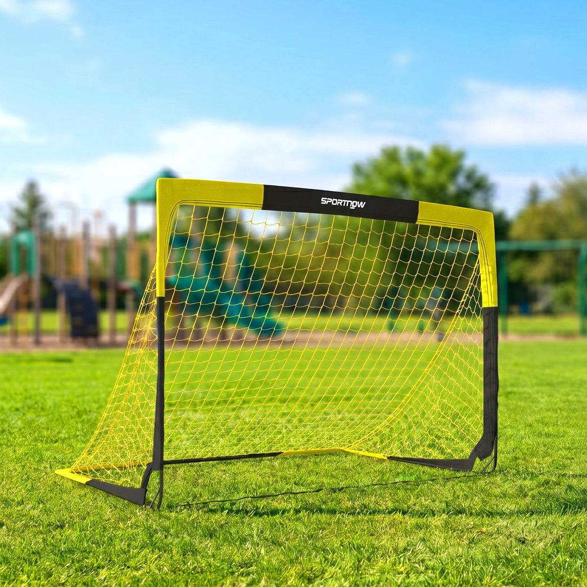 But de football Pop-up Portable et Pliable avec 4 Piquets de Sol et Sac de Transport, Sans Montage, 150x110x110cm, Jaune-1