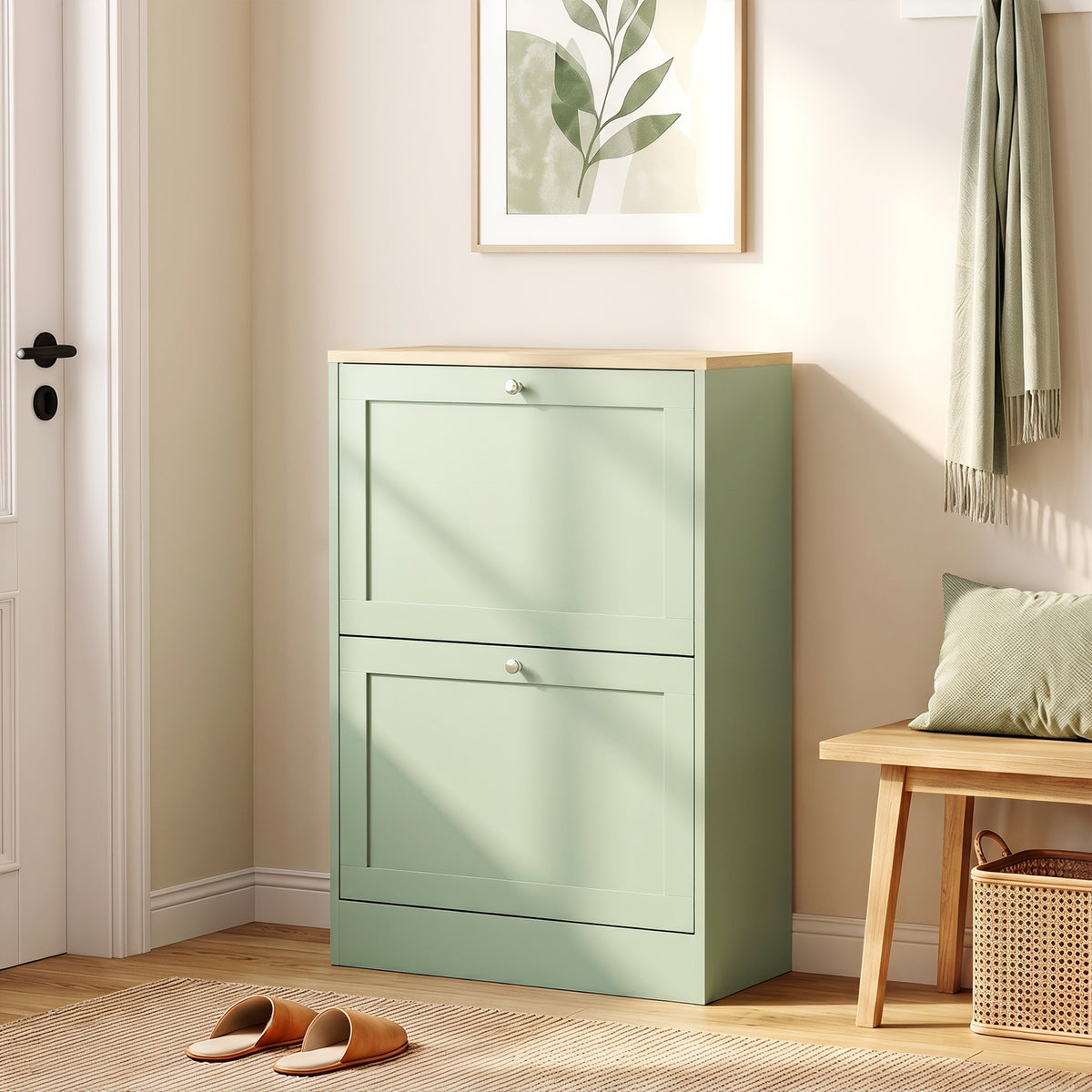 Meuble à Chaussures 12 Paires, Armoire à Chaussures Étroite avec 2 Tiroirs, Étagères Réglables, 60 x 23,5 x 80 cm, Vert-1