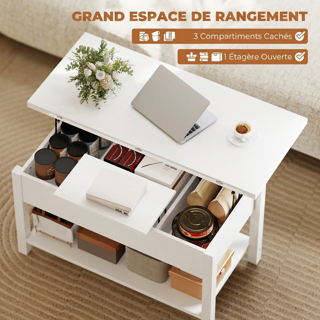 Table basse relevable et extensible table de salon avec compartiment caché étagère ouverte 100x45x50,5cm blanc-4