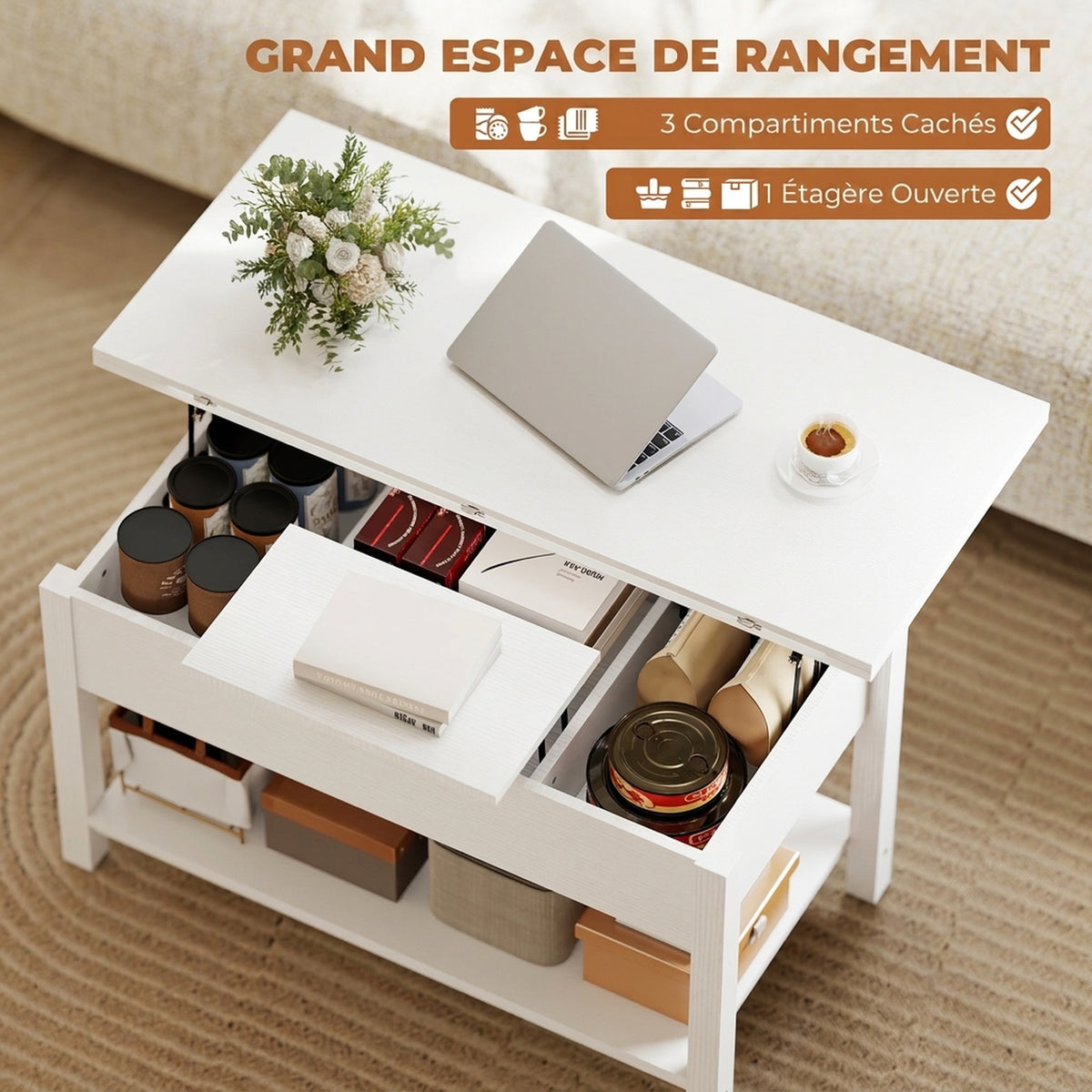 Table basse relevable et extensible table de salon avec compartiment caché étagère ouverte 100x45x50,5cm blanc-4
