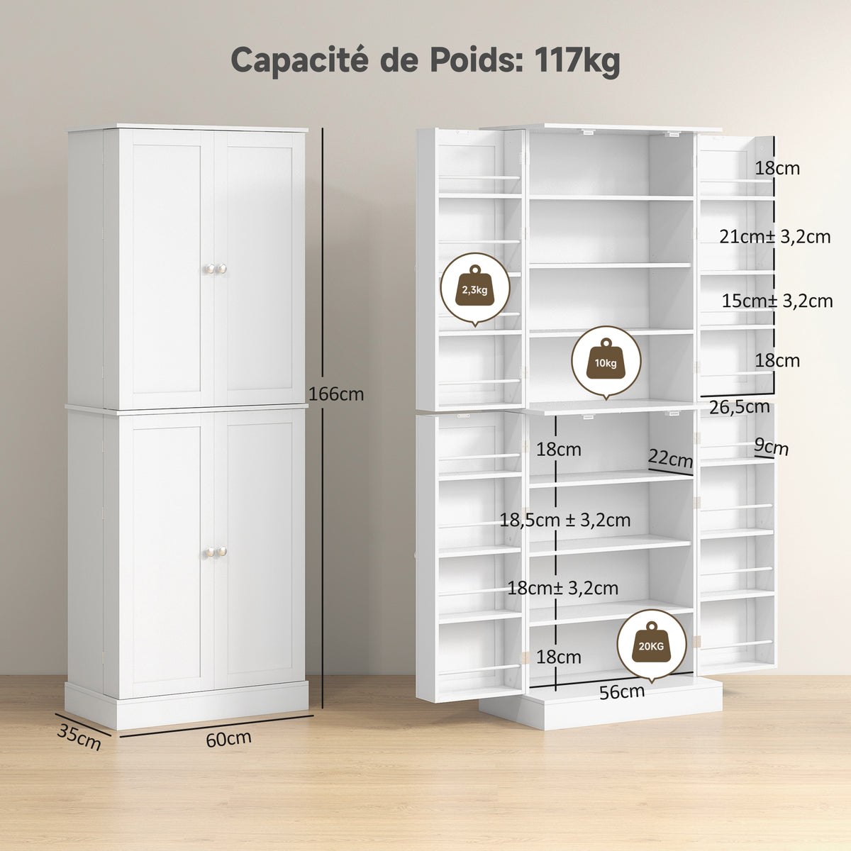 Armoire de cuisine buffet cuisine avec placards, étagère réglable et porte-épices, 60 x 35 x 166 cm, blanc-2