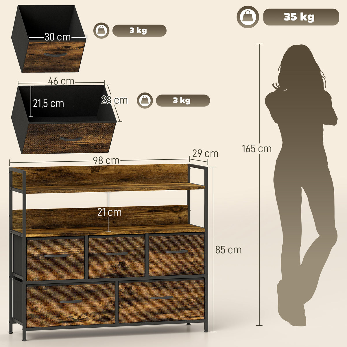 Commode, meuble de rangement, 5 tiroirs en tissu pliables et amovibles et étagères, 98 x 29 x 85 cm, brun rustique-2