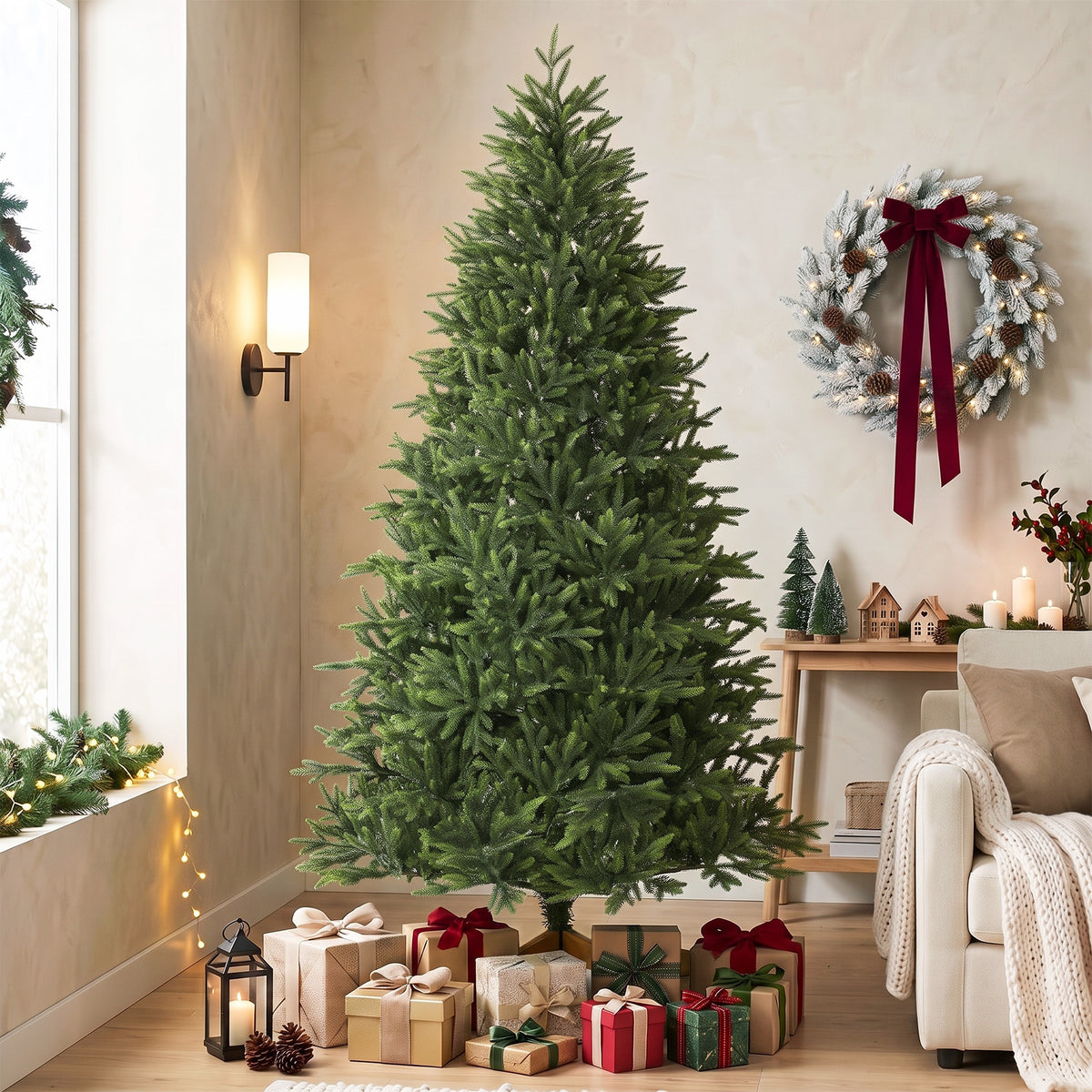 Sapin de Noël Artificiel 210 cm Nordmann, 1008 Pointes de Branches Articulées Réalistes en PE, Support en Bois, Vert-1