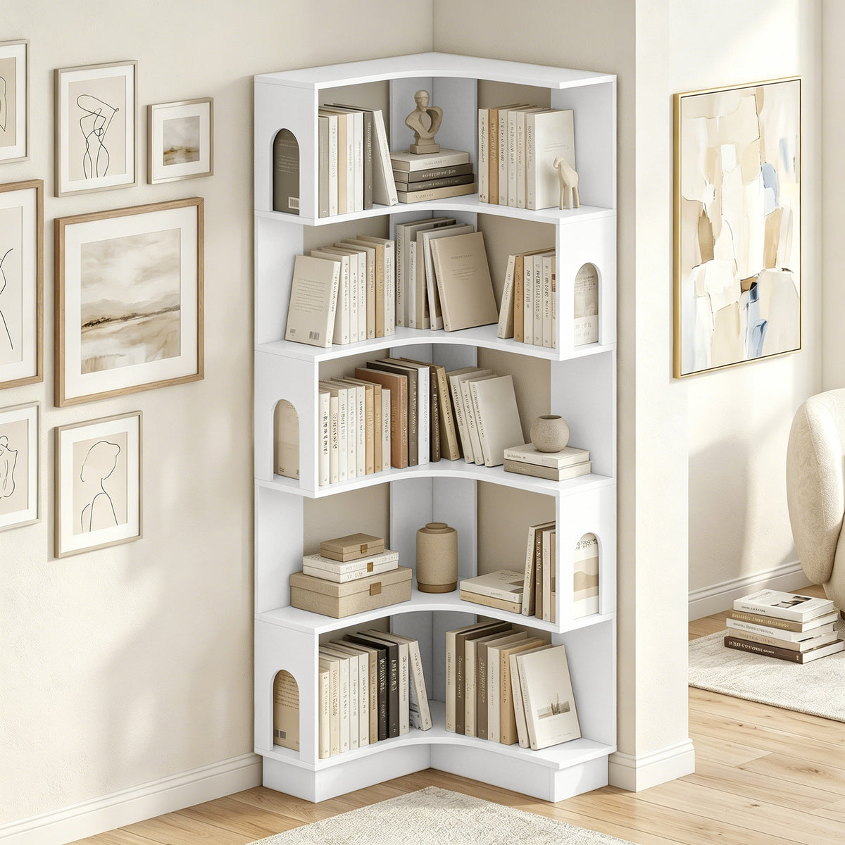 Bibliothèque d'angle, étagère de rangement à 6 niveaux avec panneaux latéraux arqués, 60 x 60 x 165,5 cm, blanc-7