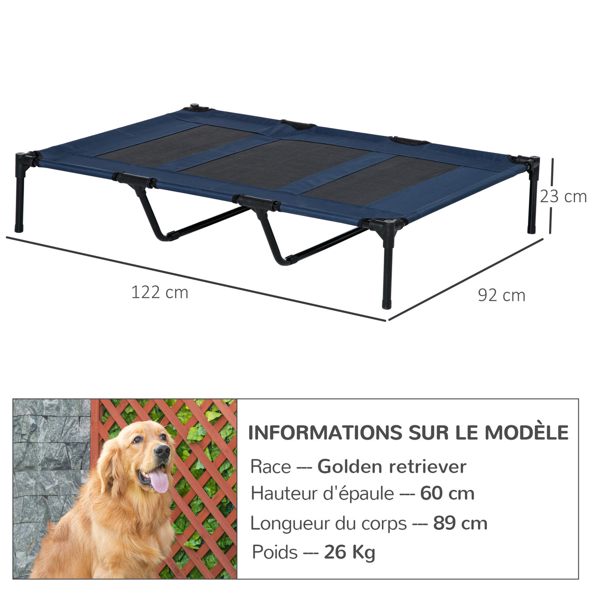 Lit sur pieds XXL pour chien chat lit de camp animal 122L x 92l x 23H cm bleu foncé-2