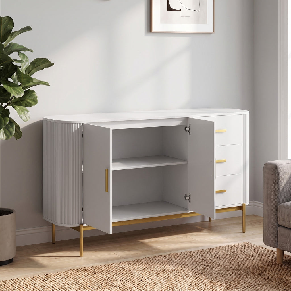Buffet Salon, Meuble de Rangement avec 2 Portes, 3 Tiroirs, Étagère Réglable et Façade Rainurée, 140x44x79cm, Gris Clair-1