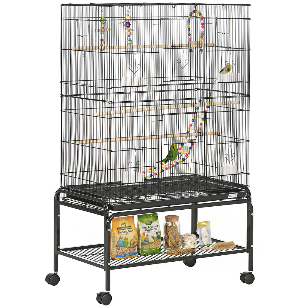 Cage à oiseaux sur pieds roulettes avec 4 mangeoires et 3 perchoirs 79 x 49 x 133 cm noir-0