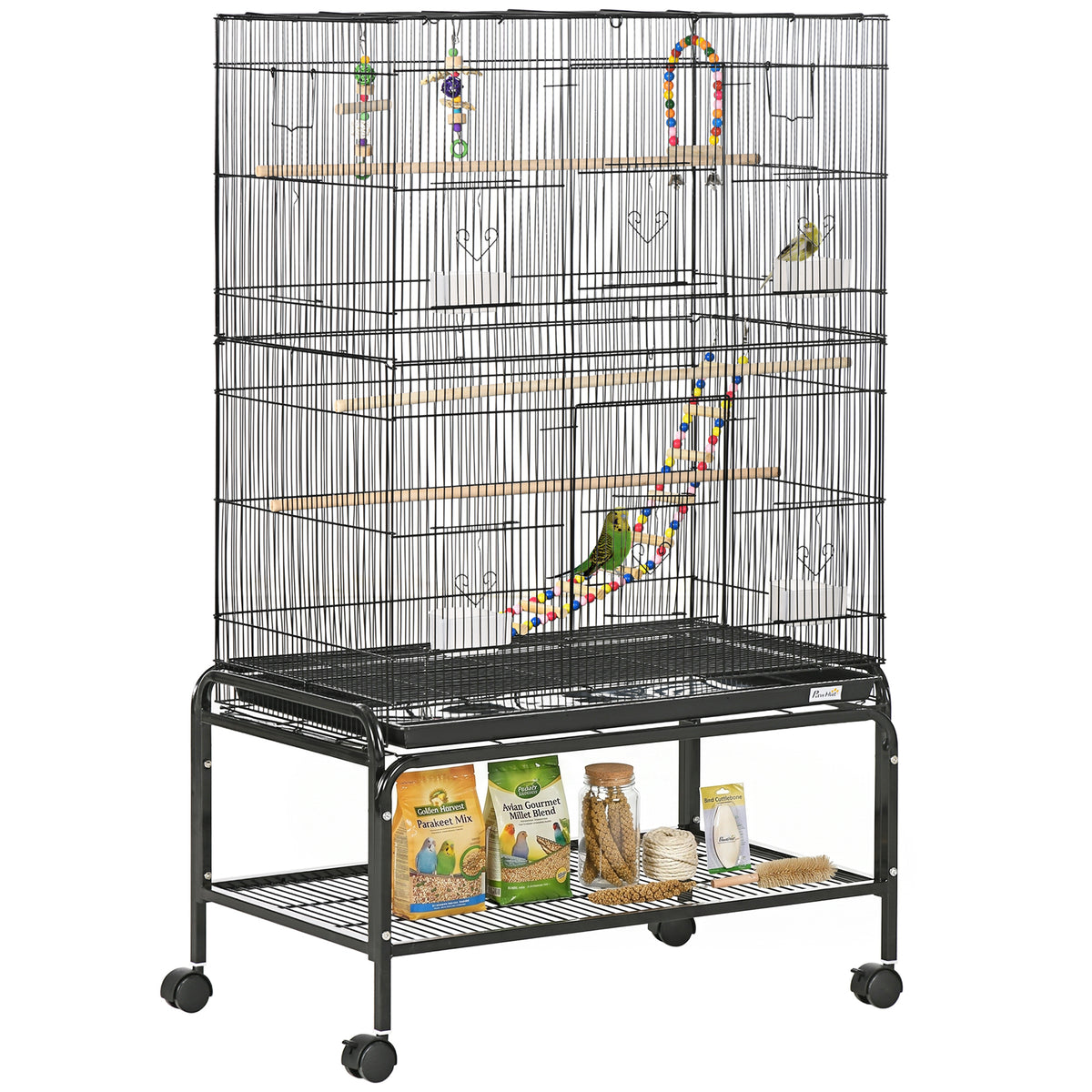 Cage à oiseaux sur pieds roulettes avec 4 mangeoires et 3 perchoirs 79 x 49 x 133 cm noir-0