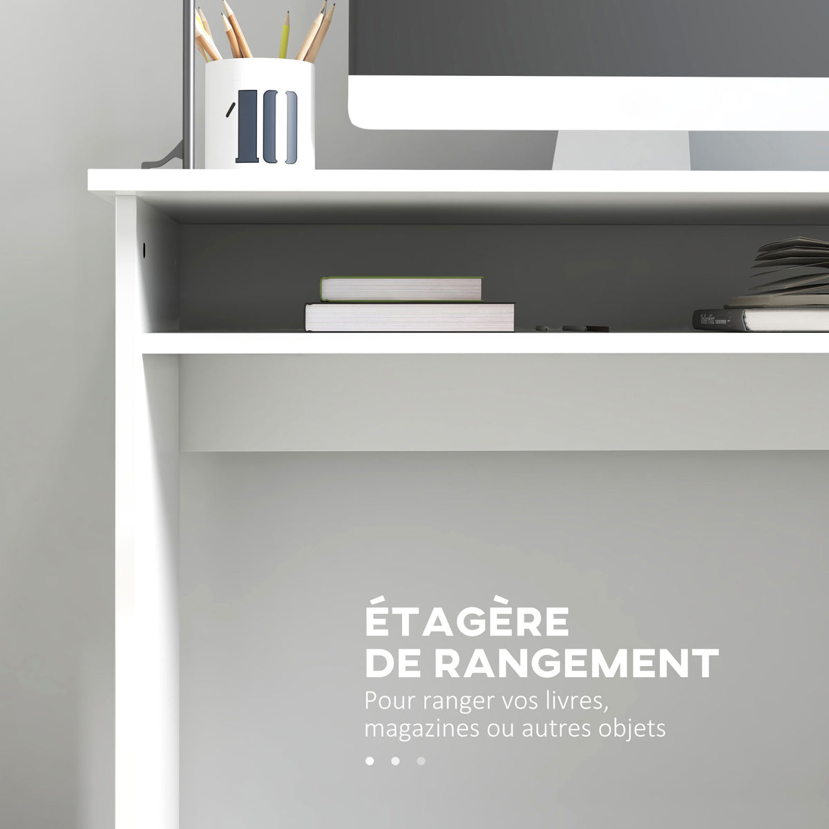 Bureau informatique sobre épuré compact avec 1 étagère, panneaux de particules, dim. 90l x 50P x 74H cm, blanc laqué-3