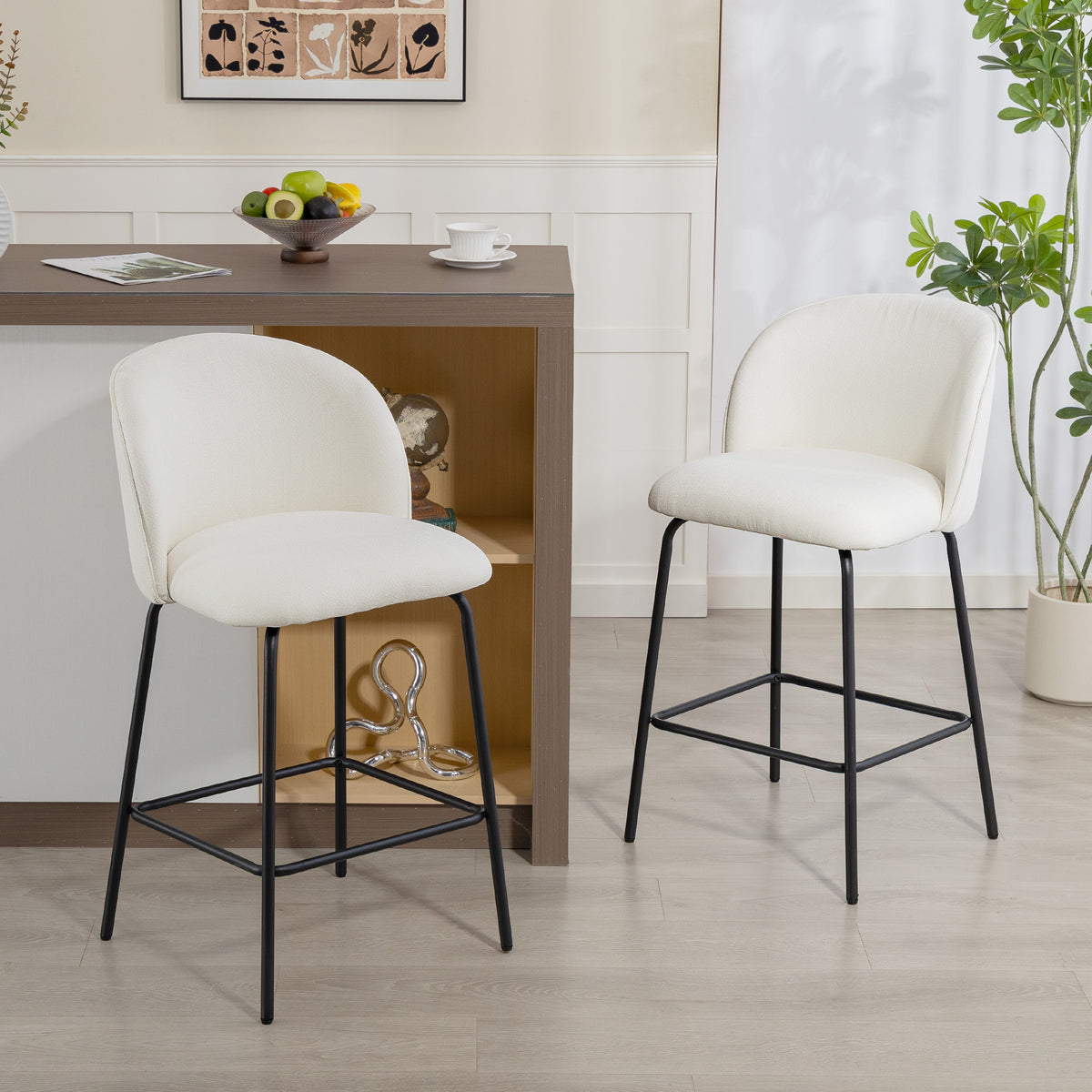 Lot de 2 Tabourets de Bar, Chaises de Bar, Repose-Pieds et Dossier, Tissu Effet Lin, Hauteur d'Assise 68cm, Crème-1