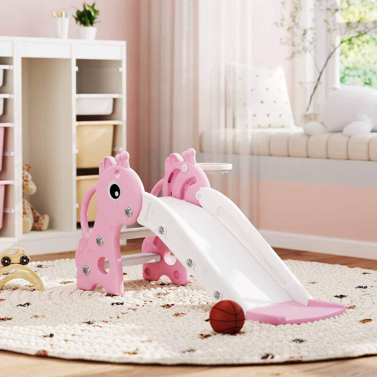 Toboggan pour enfants 3 en 1 en forme de girafe avec panier de basket, escalade et ballon, 106 x 51,5 x 52 cm, rose-9