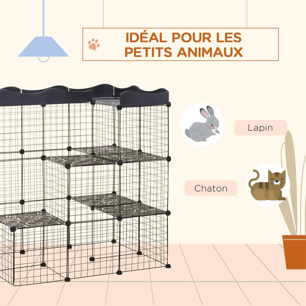 Cage parc enclos pour petits animaux chats lapins modulable 3 niveaux 2 portes rampe fil métallique 105 x 70 x 116 cm noir-6