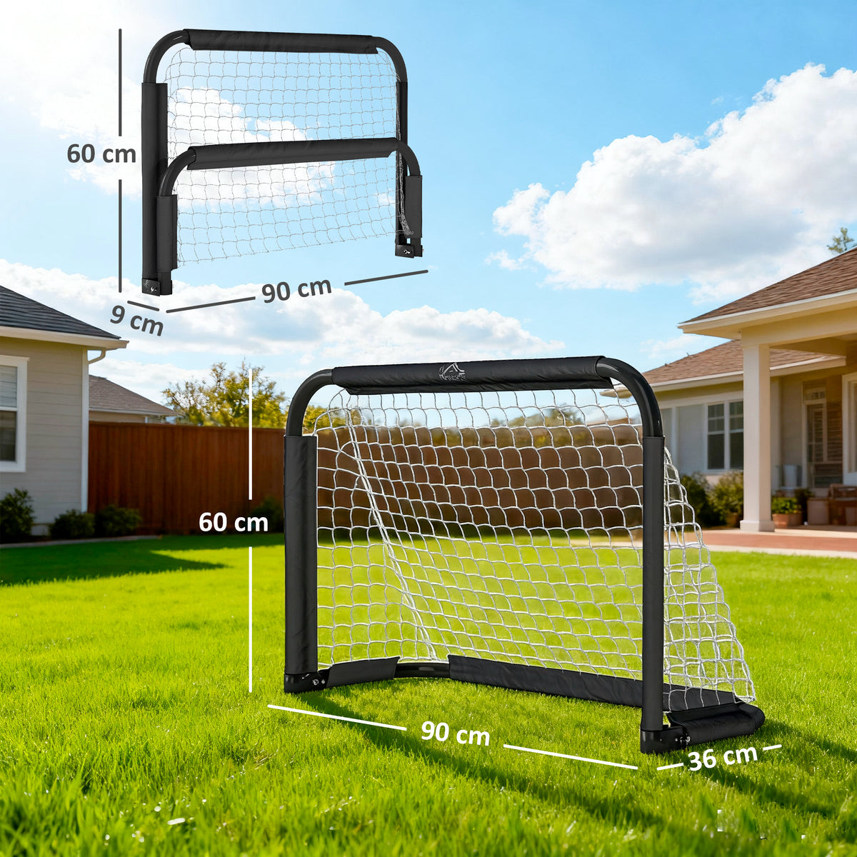 Lot de 2 Mini Cages de Football Pliables avec Filet et Piquets d'Ancrage au Sol, Métal Époxy et Oxford, 90x36x60cm, Noir-2