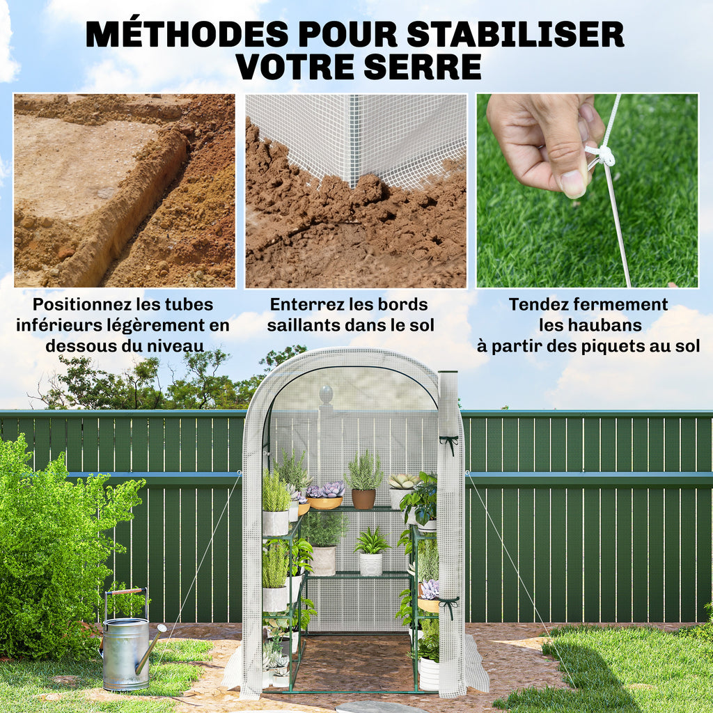 Serre de jardin avec étagères, 123x187x189cm, petite serre avec porte enroulable, bâche PE haute densité 140 g/m², blanc-6