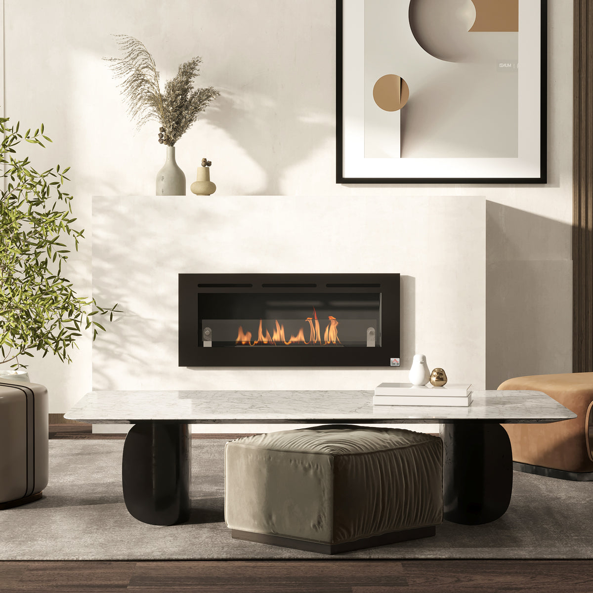 Cheminée bioéthanol Murale encastrable brûleur 2,8 L, environ 3,5 h de durée de combustion dim. 102L x 16l x 43H cm Couverture 25-30 m² Métal-1