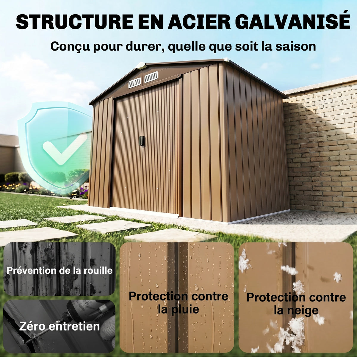 Abri de jardin 2,5 m² - remise pour outils avec kit de fondation - cabanon porte verrouillable - tôle d'acier ocre-3