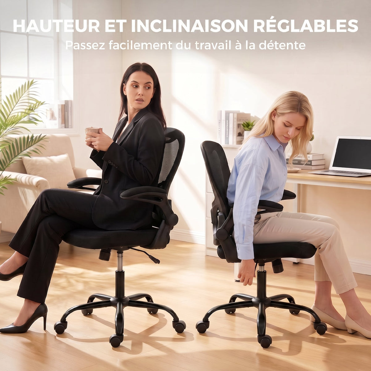 Chaise Bureau Ergonomique, Fauteuil de Bureau Maille, Accoudoirs Relevables, Hauteur Réglable, Fonction Bascule, Noir-4