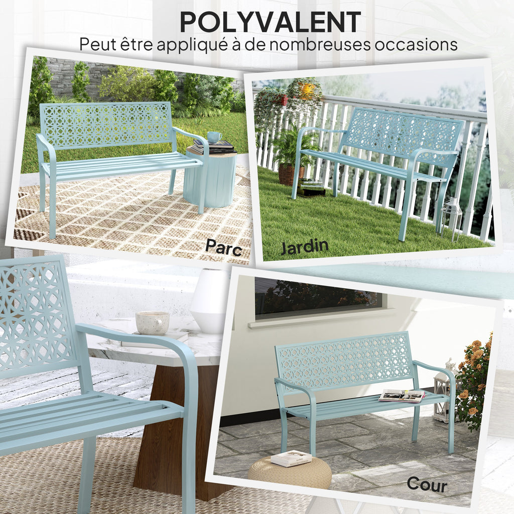 Banc de jardin 2 places, banc extérieur jardin en acier avec dossier ajouré, 127 x 63 x 85 cm, bleu-5