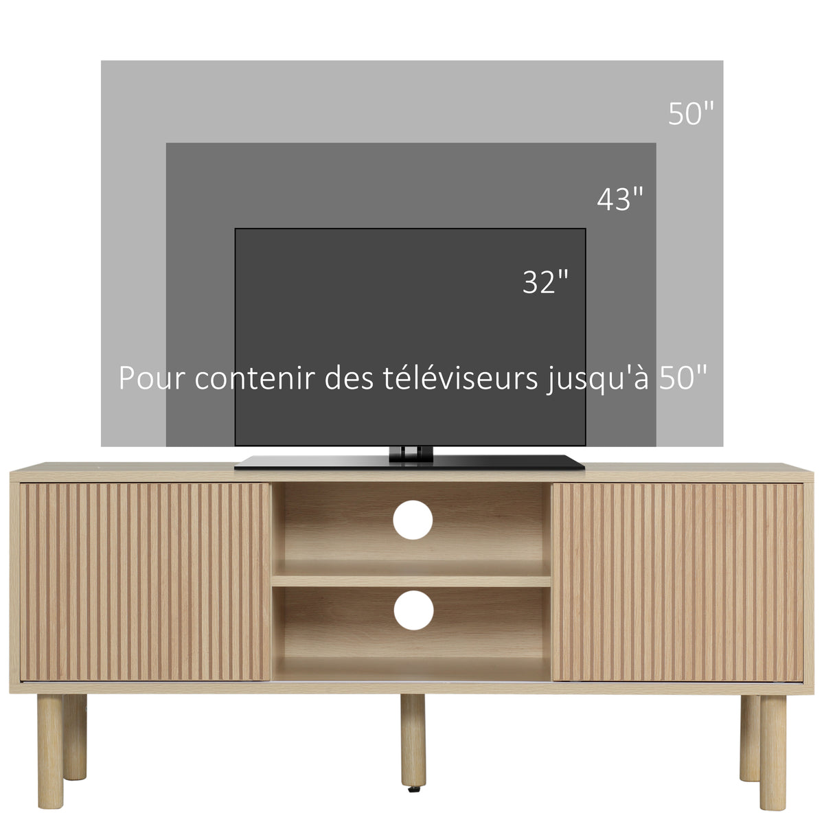 Meuble TV support TV pour télévision jusqu'à 50 pouces 2 portes coulissantes et 2 niches avec passe-câbles - 115 x 40 x 49 cm-3