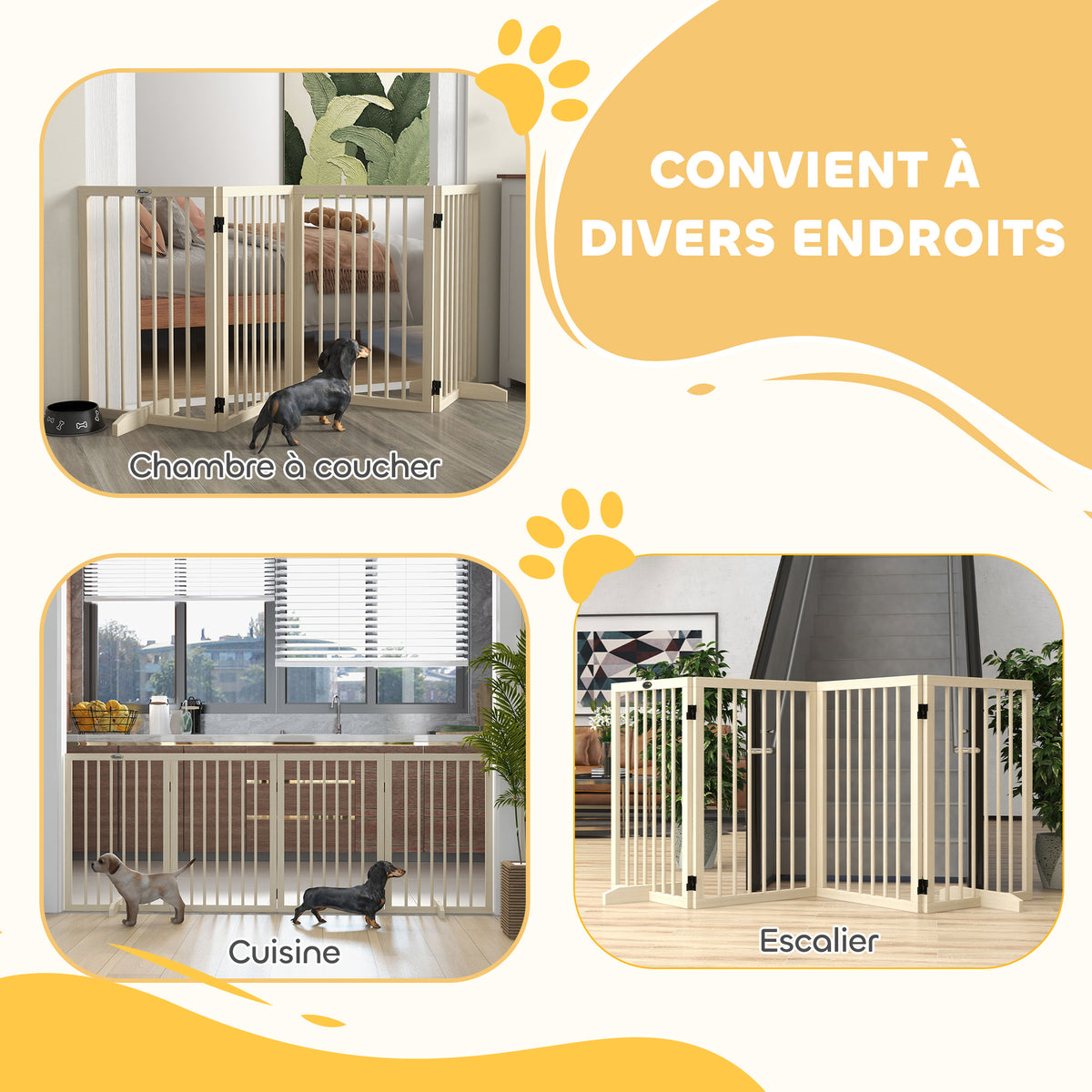 Barrière de sécurité modulable pliable pour animaux de compagnie avec pied de support, bois massif, 206 x 35,5 x 76 cm-3