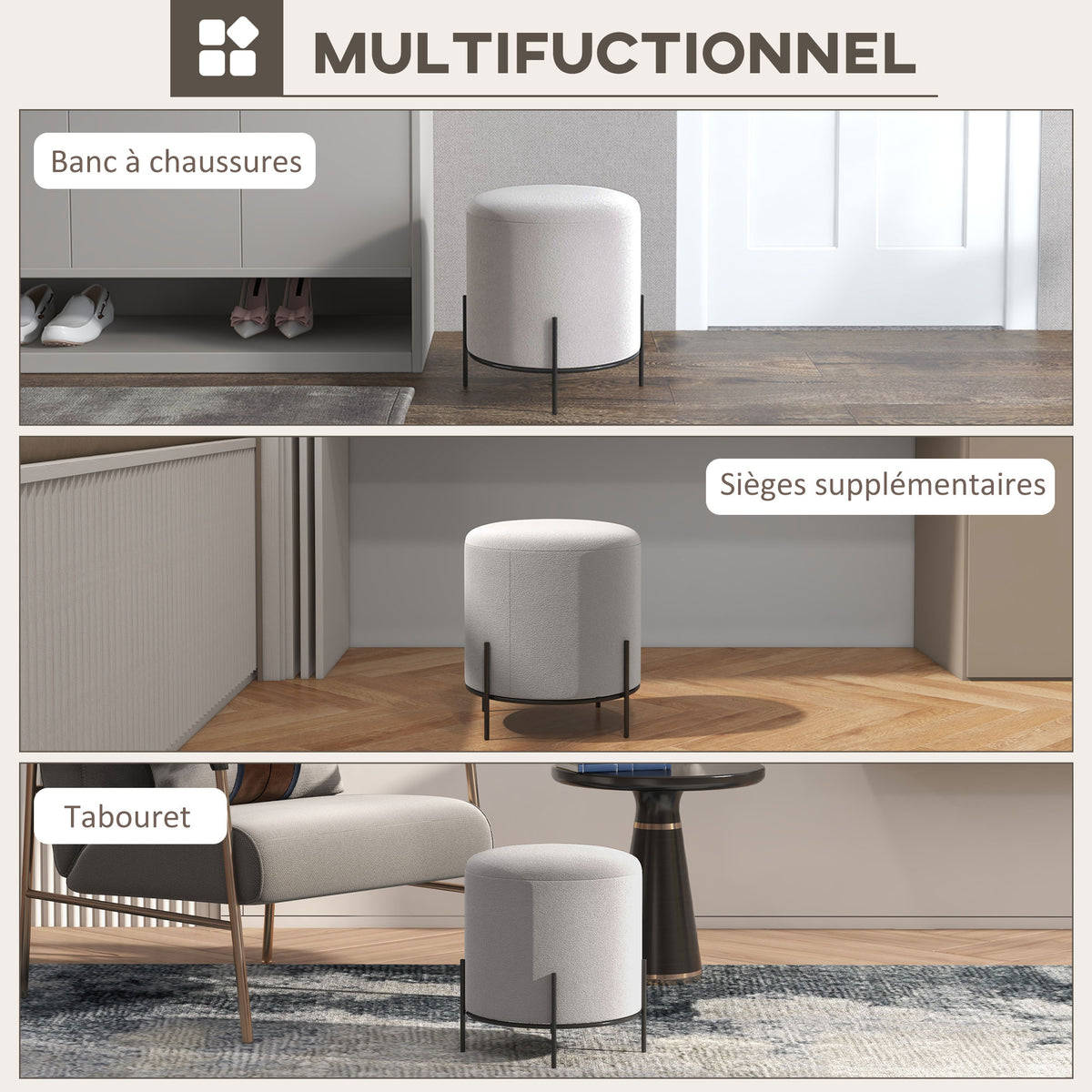 Pouf ottoman tabouret pouf repose-pied en velours pieds en acier pour salon chambre Ø 35 x 38 cm gris clair-4