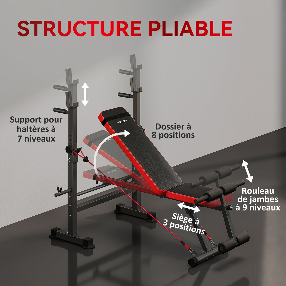 Banc de musculation complet multifonction avec dossier réglable, repose-jambes et support de poids 147x109x122cm noir-6
