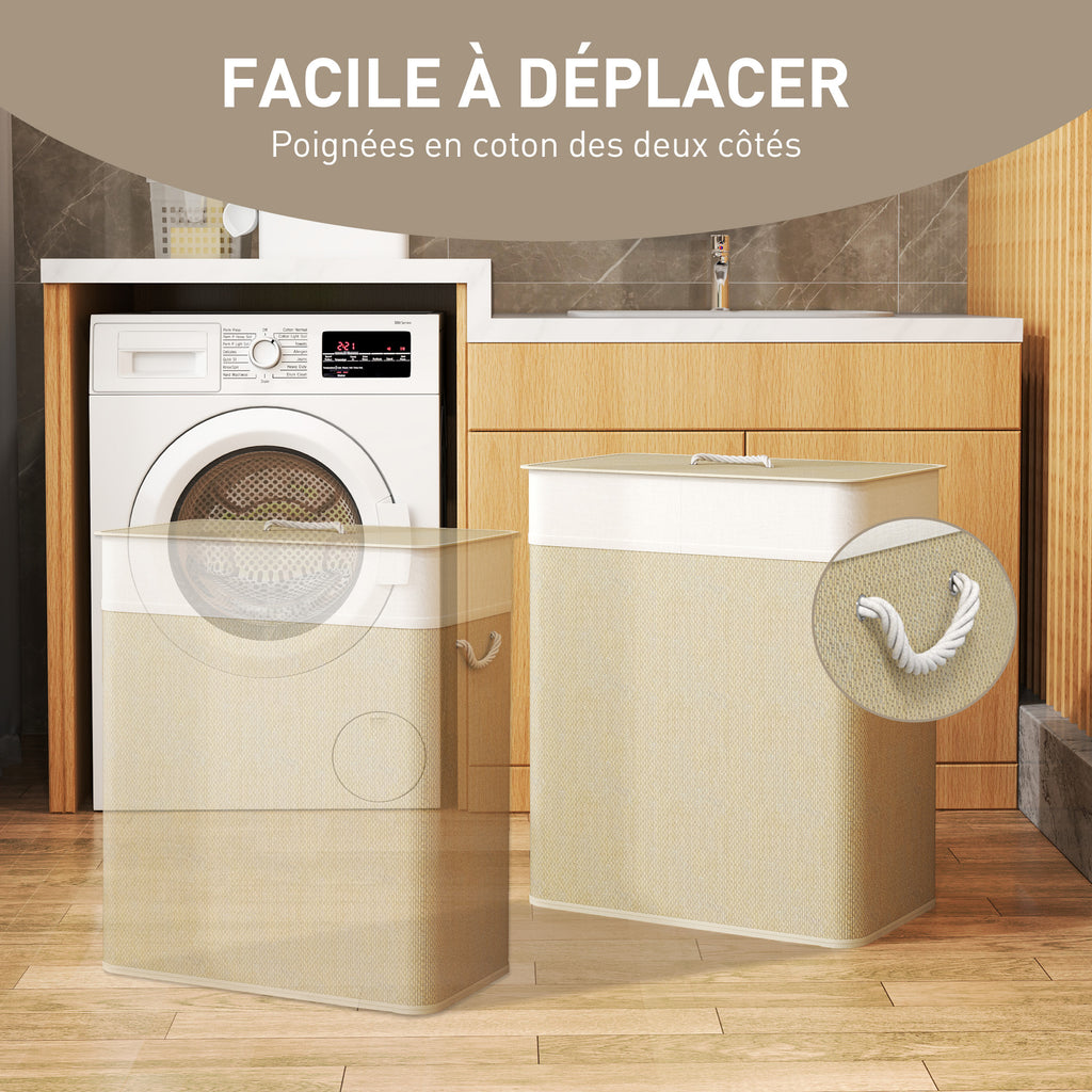 Panier à linge double avec couvercle, panier à linge en bambou 100 L avec poignées en corde-5