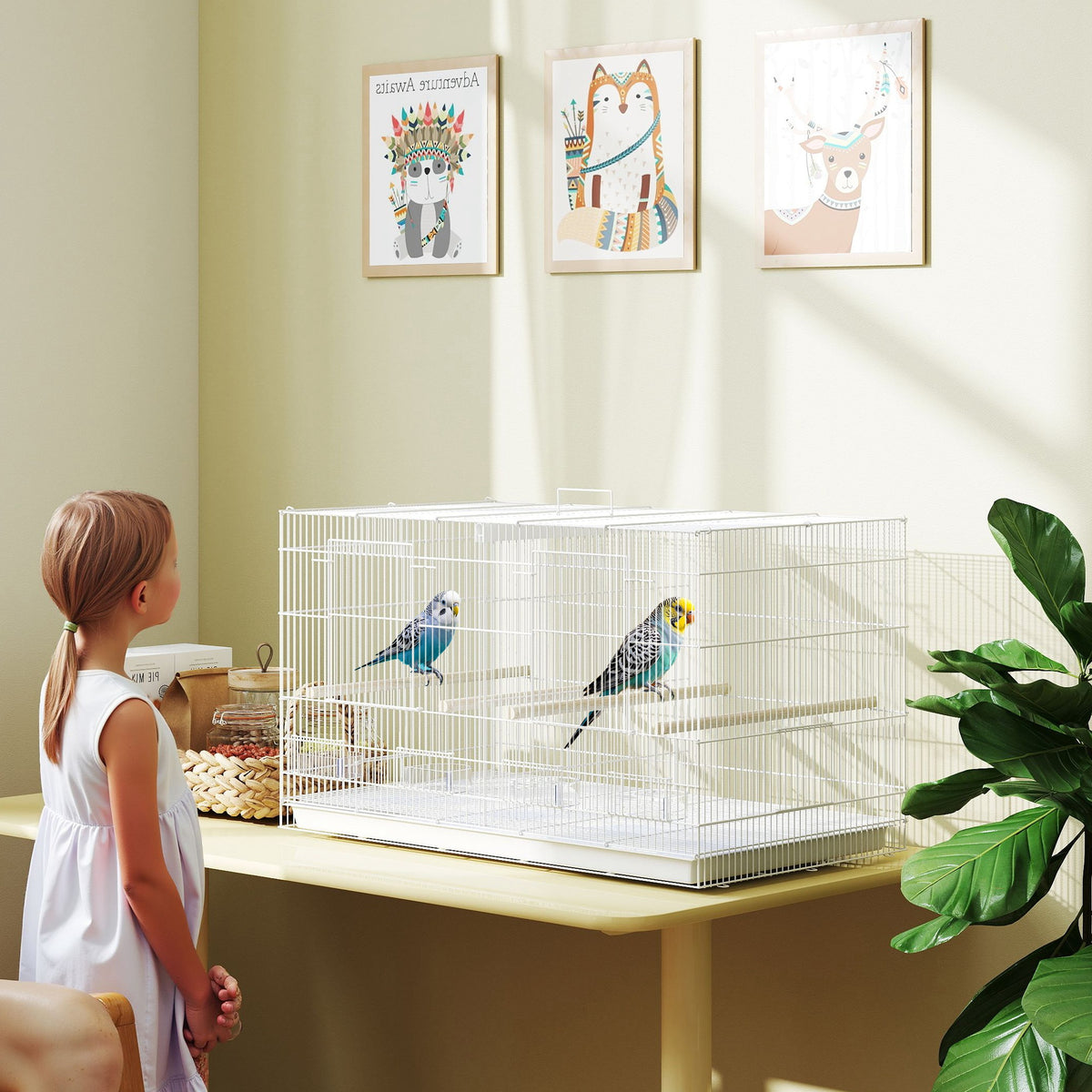 Cage à Oiseaux Volière Intérieur Acier avec Séparateur, 4 Perchoirs, Plateau Coulissant, 4 Mangeoires, 76x46x46cm, Blanc-1