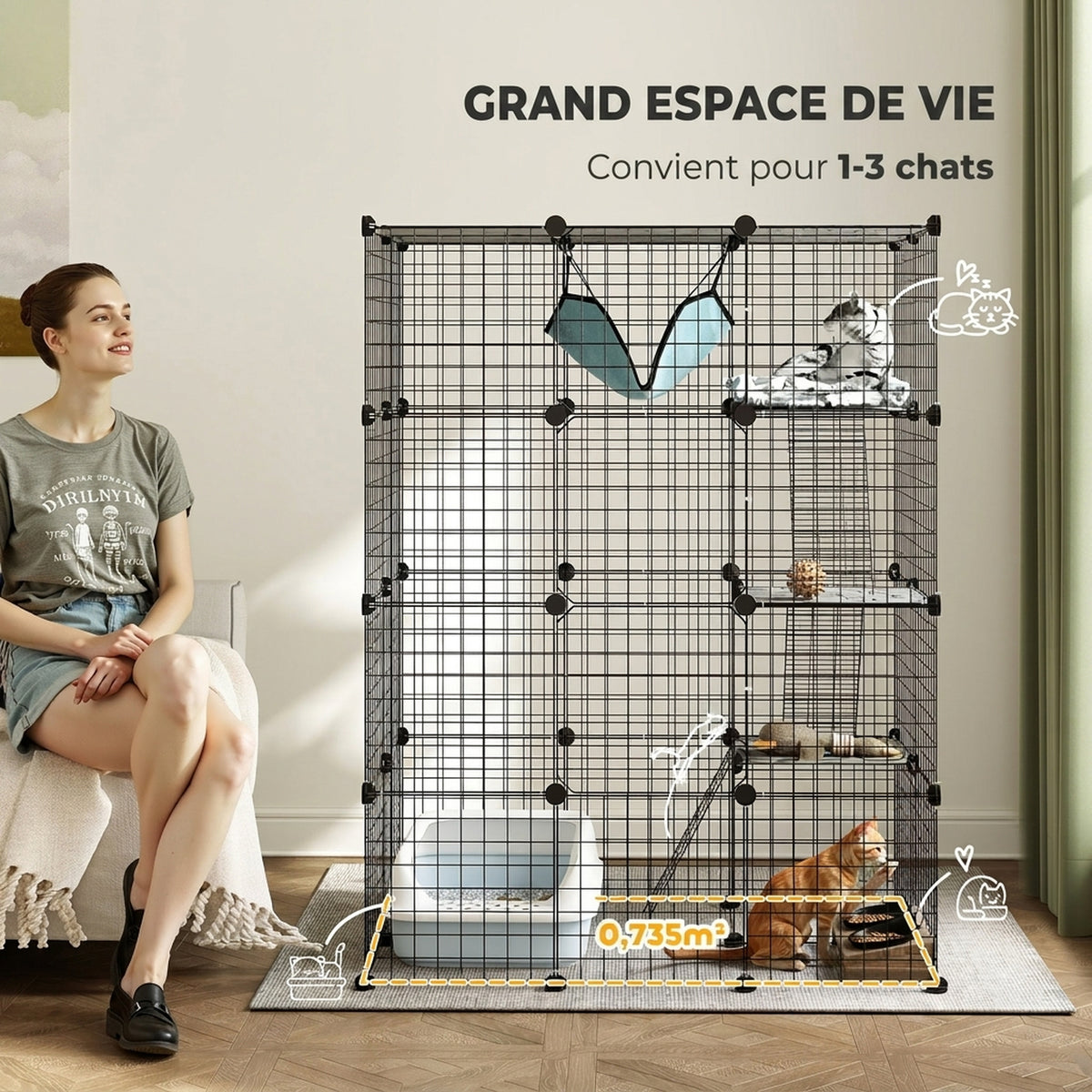 Cage pour chat d'intérieur parc pour chat en acier à 4 niveaux DIY avec 5 portes hamac 1-3 chats 105 x 70 x 140 cm noir-3